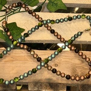 Elegant Beaded Necklace - Green, Brown, and Blue